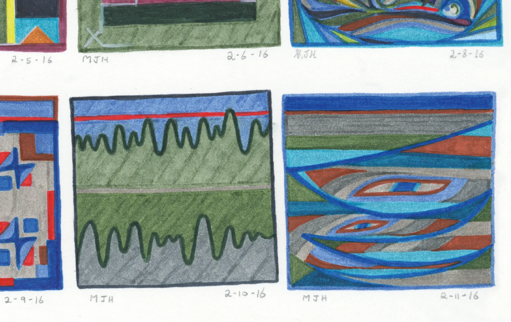 Artwork inset of daily designs showing band across the top representing damaged frequency
